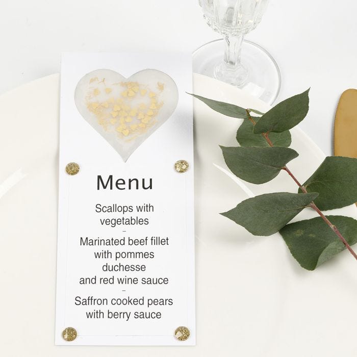 A Menu Card decorated with a Vellum Paper Heart, Glitter and Rhinestones