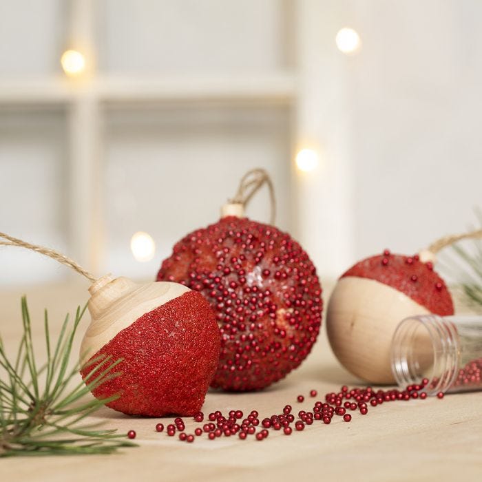 Christmas Baubles decorated with Craft Paint, Sticky Base transparent, self-hardening modelling Gel and mini Glass Beads