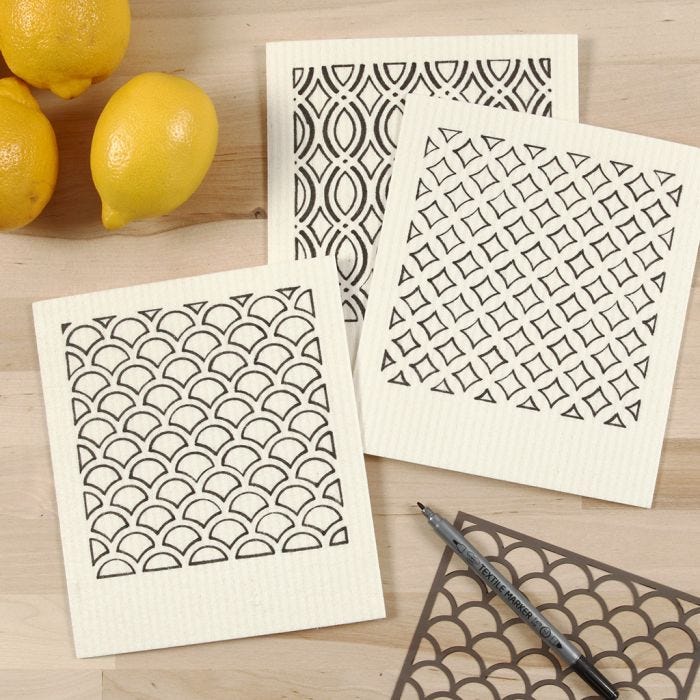 Environmentally friendly  Dishcloth decorated with  Patterns using a Stencil and Textile Marker