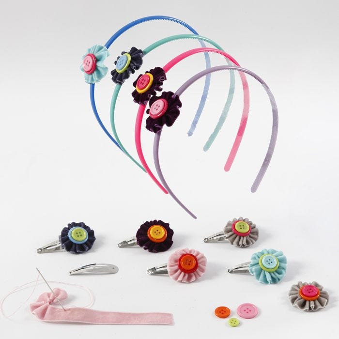 Hair Accessories with Flowers made from Velvet Ribbon and Buttons