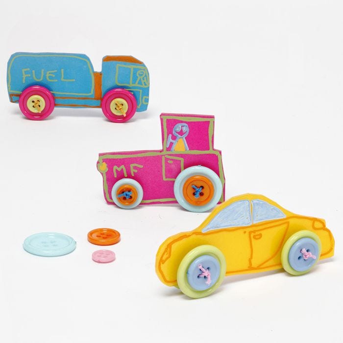 Cars made from decorated Shrink Plastic Sheet with Buttons for Wheels