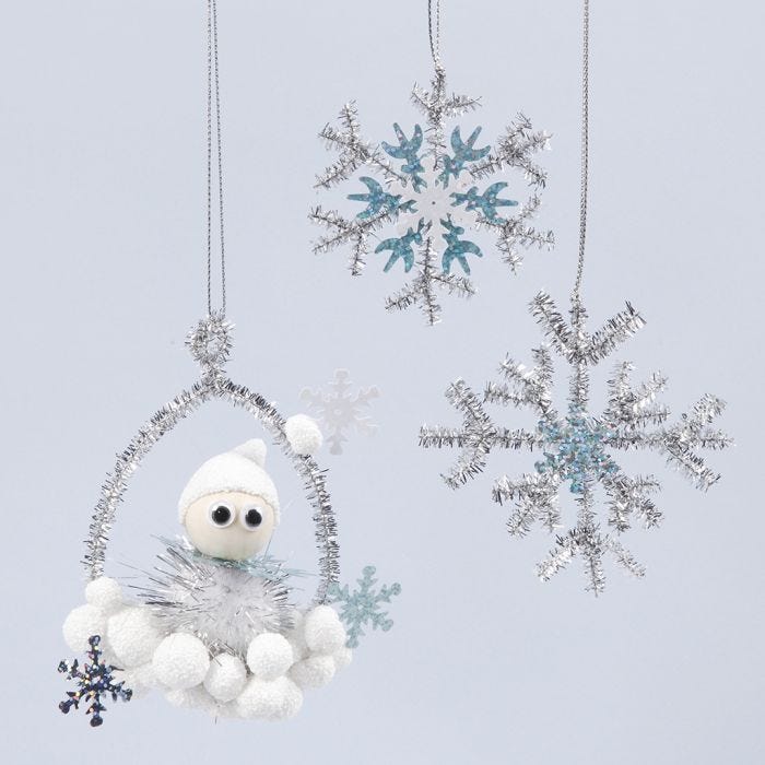 Shiny hanging decorations with an elf and snowflakes