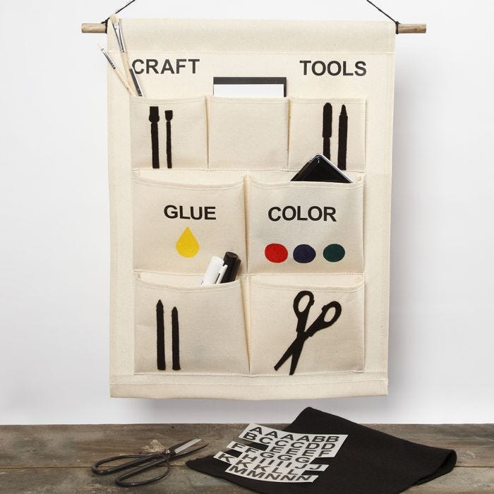 A hanging organiser with pockets for arts and crafts items