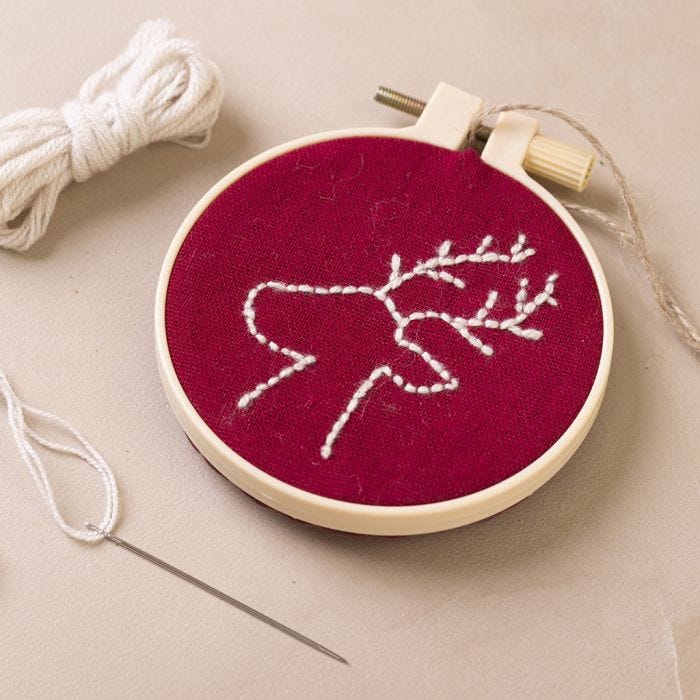 Embroidery frame with embroidered reindeer