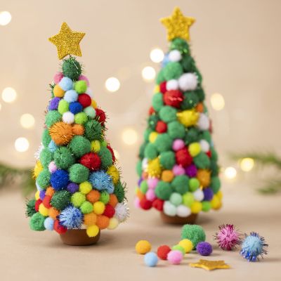 Colourful pom-pom Christmas trees