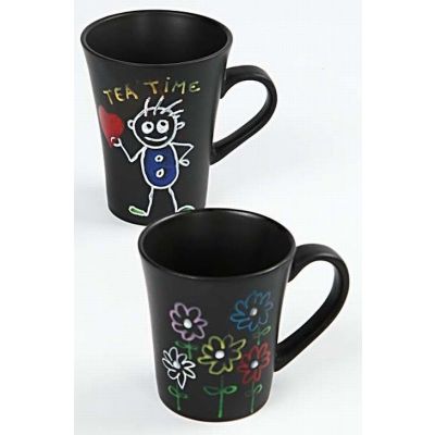 Drawings made with Glass and Porcelain Markers on Black Mugs