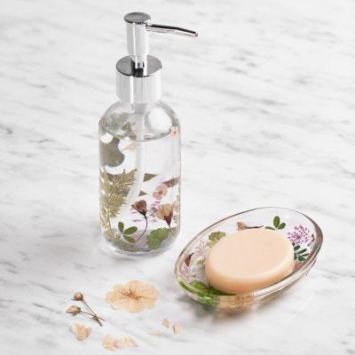 Decorate a soap dish and soap dispenser with pressed flowers