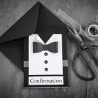 A black/white Invitation with a Shirt & Bow Tie from Paper with Rhinestone Buttons