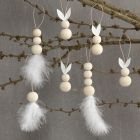 Hanging decorations with rabbits, feathers and wooden beads