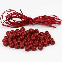 Wooden Beads and Cotton Cord, D 8 mm, red, 1 set