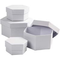 Hexagonal Boxes, H: 4+5+6+7 cm, Dia. 6,5+8+10+12 cm, white, 4 pc/ 1 set