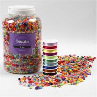 Plastic Beads and Elastic Beading Cord, size 6-20 mm, hole size 1,5-6 mm, 1 pack