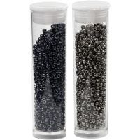 Rocaille Seed Beads, D 1,7 mm, size 15/0 , hole size 0,5-0,8 mm, black, dark grey metallic, 2x7 g/ 1 pack