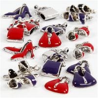 Charms with loop, size 12-20 mm, hole size 1-3 mm, black, purple, red, silver-plated, 20 asstd./ 1 pack