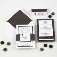 A black and white Invitation, Menu Card and Place Card