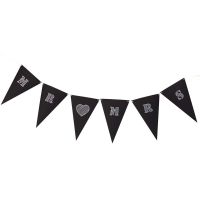 Bunting made from black Card Flags with white Text