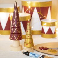 Wooden Christmas Trees decorated with Craft Paint and Plus Color Markers