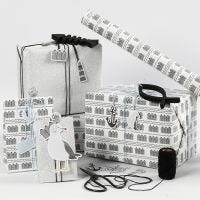 Black, white and silver glitter Gift Wrapping with Card Tags, wooden Fish and Shaker Metal Paper Clips