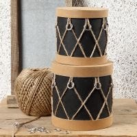 Papier-mâché Boxes decorated like Drums with Faux  Leather Paper, Plastic Rings and natural Twine