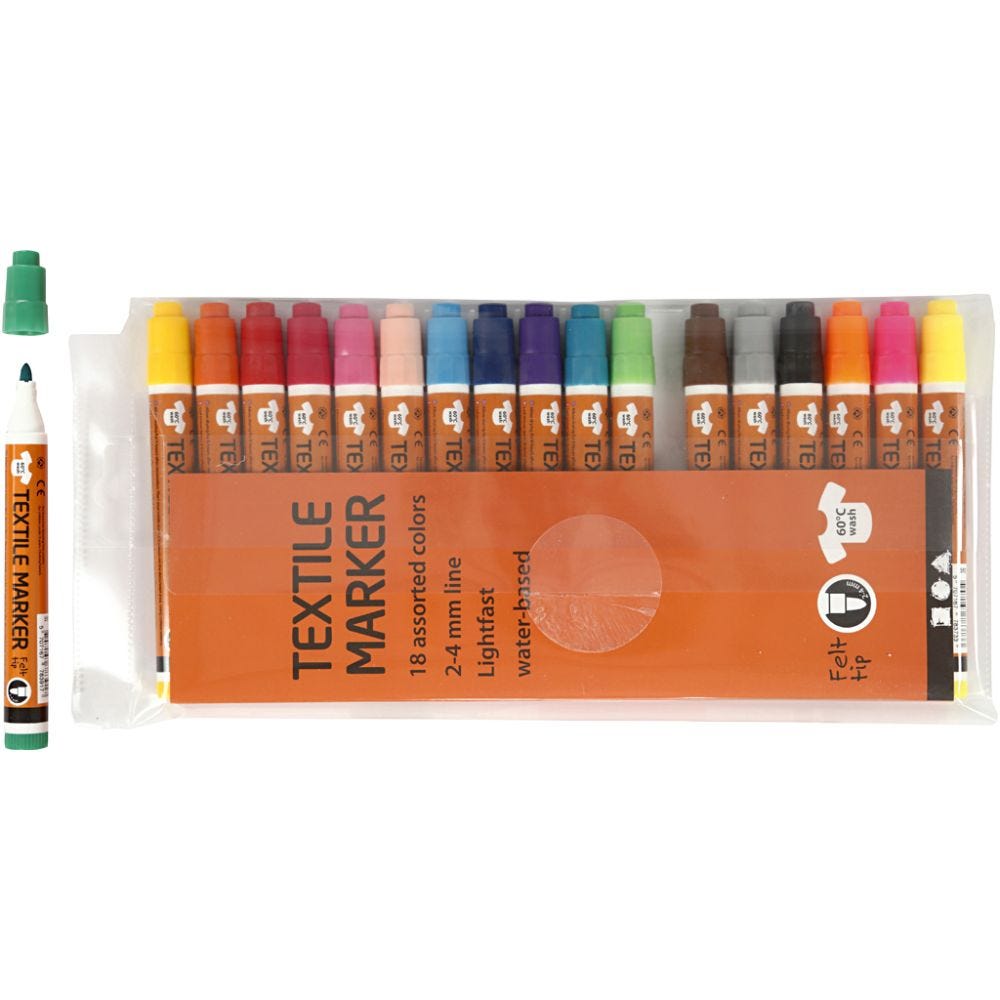 Textile Markers, line 2-4 mm, assorted colours, 18 pc/ 1 pack
