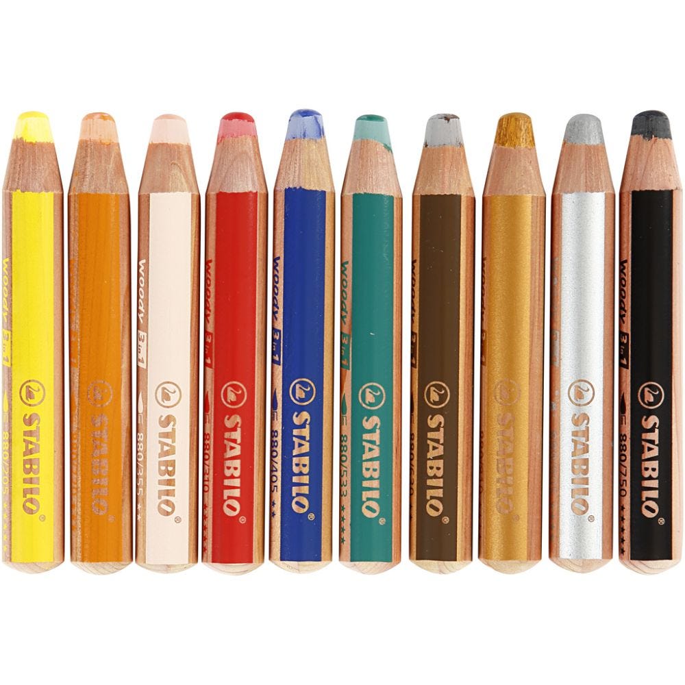 Woody 3-in-1 Pencils, L: 11 cm, assorted colours, 10 pc/ 1 pack