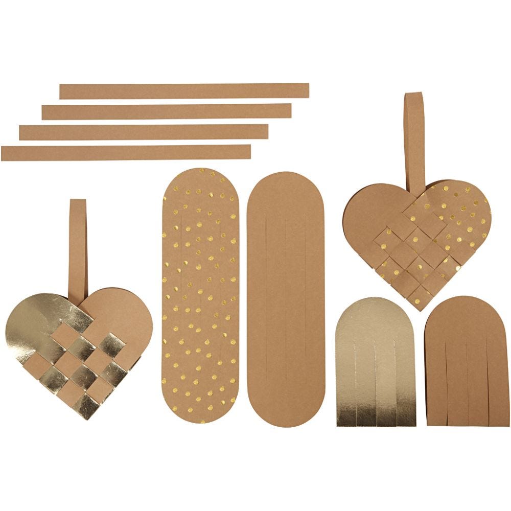 Faux leather paper hearts, thickness 0,55 mm, natural, gold, 1 set