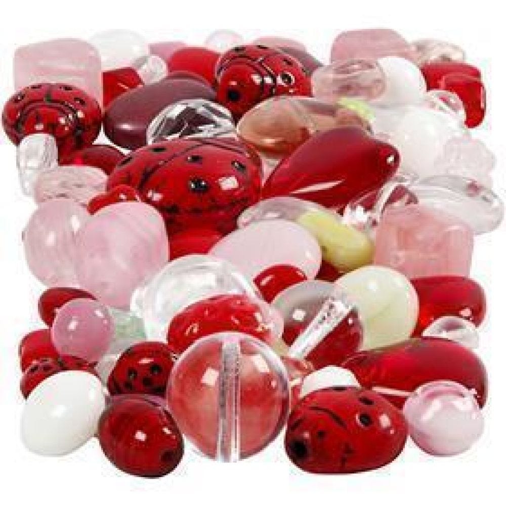 Glass beads, Ladybugs, leaves, hearts, size 5-22 mm, hole size 0,5-1,5 mm, assorted colours, 60 g/ 1 pack