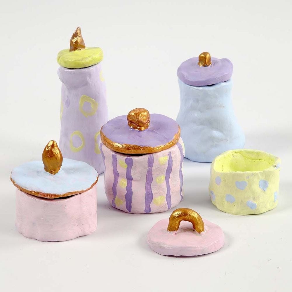 Self-hardening Clay Pots & Lids, painted in pastel Colours & Gold
