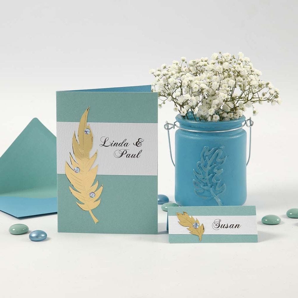 Invitations and Place Cards with Gold Feathers and Rhinestones
