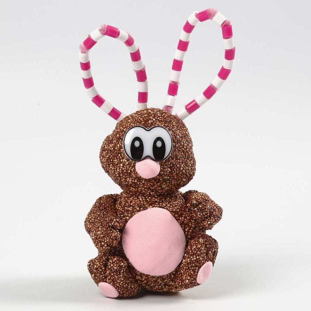 A Foam Clay and Silk Clay Easter Bunny with  Ears made from Pipe Cleaners and Nabbi Beads