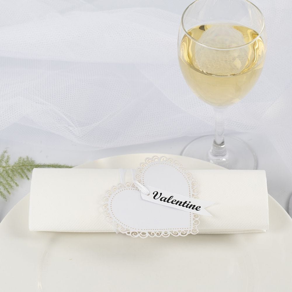 A Wedding Napkin Ring/Place Card made from a Card Heart and Satin Ribbon