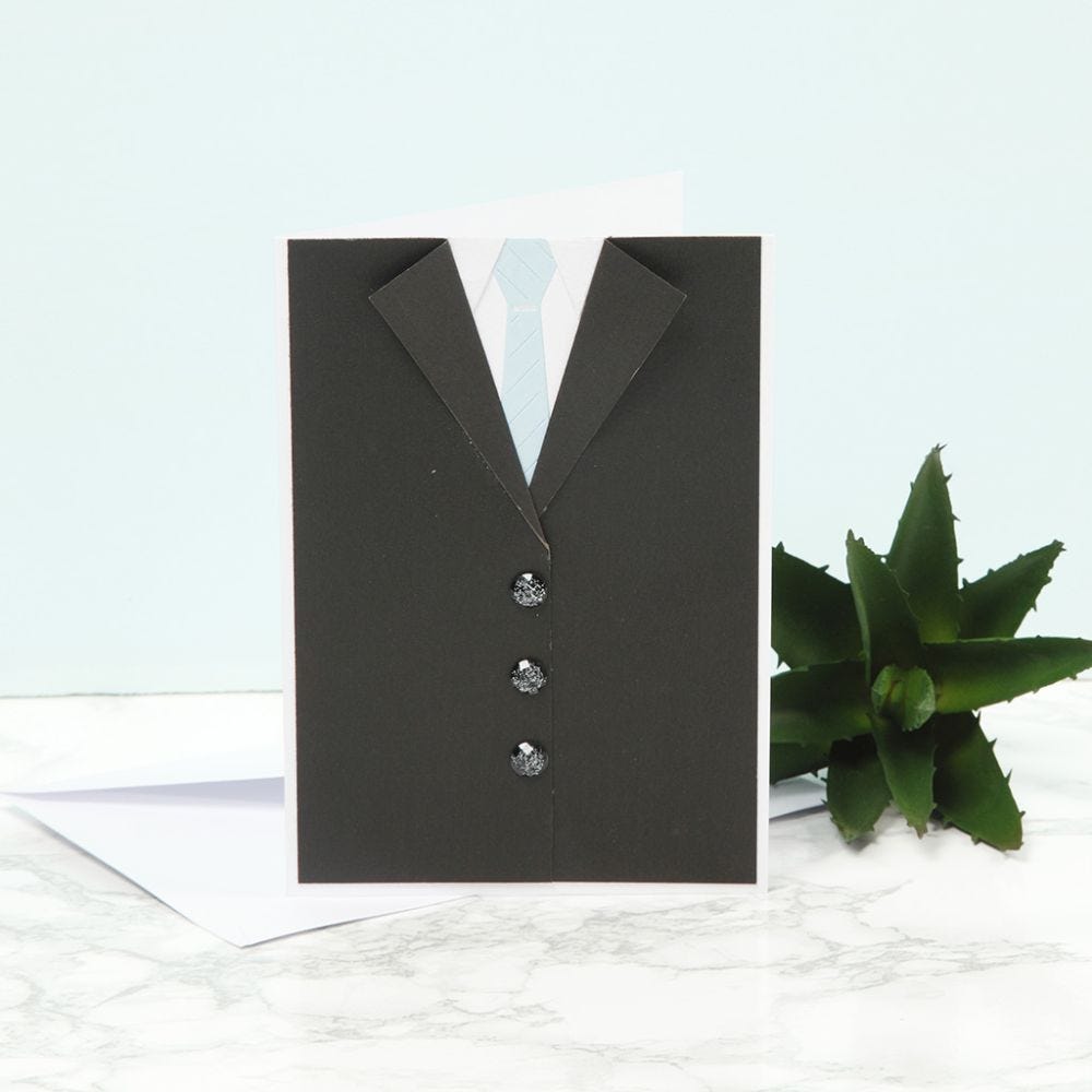 An invitation for a confirmation party with a dinner jacket, a shirt and a tie