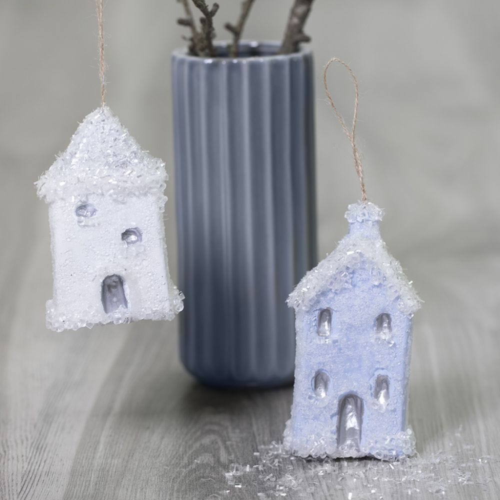 Hanging Christmas houses decorated with Sticky Base and glitter